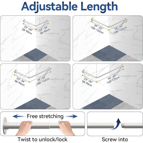 L Shaped Shower Curtain Rods, Adjustable (23''-69'' X 23''-69'') Corner Shower Rod with 12 Shower Curtain Rings, All 304 Stainless Steel, for Bathroom, Bathtub, Clothing Store, Need to Drill, Silver