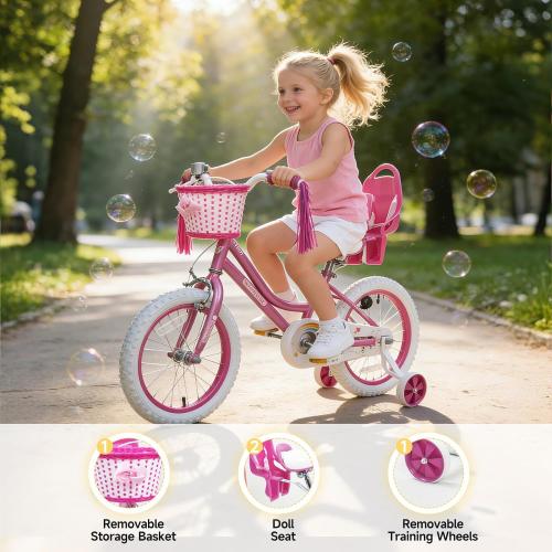 WinHope Girls Bike with Doll Seat, 12 14 16 18 20 Inch Kids Bike for 2-12 | Dual Brake with Training Wheels / Kickstand & Streamers Birthday Gift for Toddler Outdoor Riding, Multiple Colors