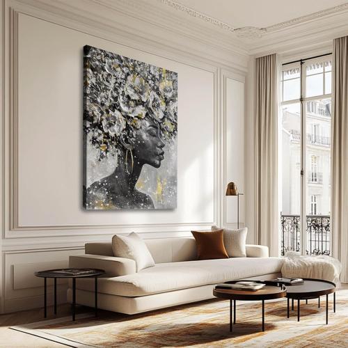 MLART99 Large Gold Flowers Painting for Office African American Black Woman Portraits for Bedroom 32x 48 Posters for Room Aesthetic Grey Wall Hanging Decor for Living Room