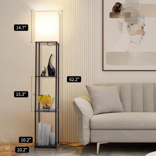Floor Lamp with Shelves, Modern Square Standing Lamp with 3 Color Temperature Bulb, Corner Display Bookshelf Lamp for Living Room, Bedroom and Office (Black)