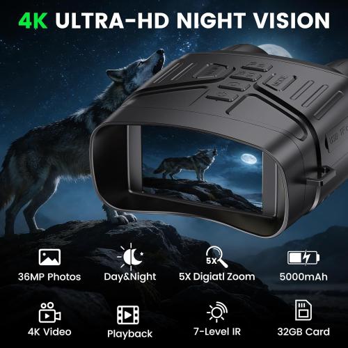 Night Vision Goggles, 4K Night Vision Binoculars for Adults with 5000mAh Battery, 3 HD Screen & 32GB Card for Hunting, Wildlife Observation, Security