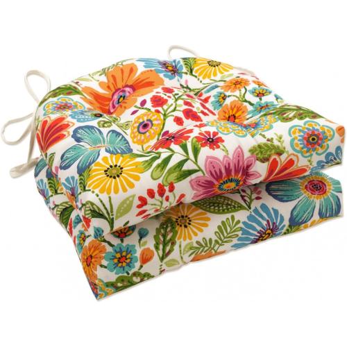 Pillow Perfect Bright Floral Indoor/Outdoor Chairpad with Ties Reversible, Tufted, Weather, and Fade Resistant, 15.5 x 16, Blue/Purple Gregoire 2 Count