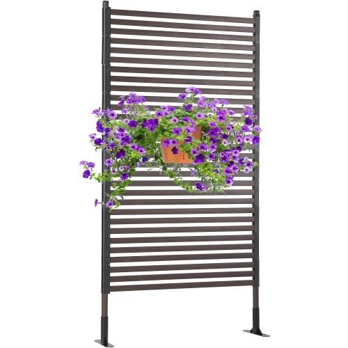 Metal Outdoor Privacy Screen with Stand, 3 ft W x 6 ft H PE-Coating Steel Pipes and Slats Panels, Decoative Privacy Screen Fence Panels Freestanding for Outside Patio Garden Backyard, Brown
