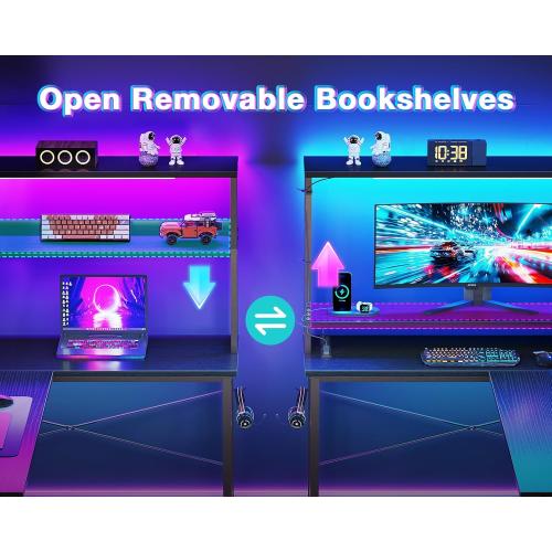 AODK L Shaped Desk Gaming Desk with LED Light & Power Outlet, 53 Inch Reversible L Shaped Computer Table with Shelf & Storage Bag & Hook for Home Office, Black