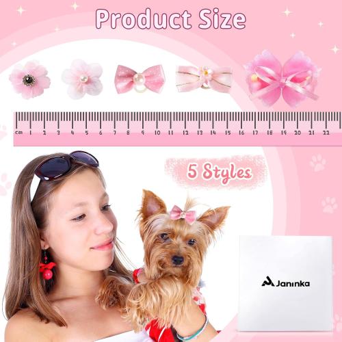 Janinka 40 Pieces Dog Bows Cute Dog Hair Bows for Puppy Hair Bowknot with Rubber Bands Lace Organza Rhinestone Pearls Multicolor Pet Grooming Accessories
