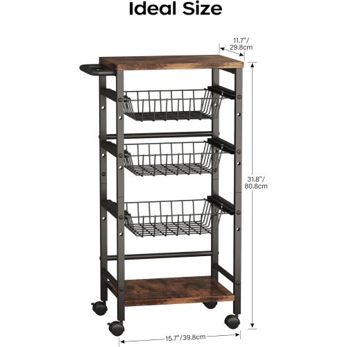 5-Tier Snack Organizer Cart with 3 Height Adjustable Pull-Out Baskets and 2 Storage Shelves, Utility Kitchen Organizer and Storage Cart with Convenient Handle for Fruit Potato Onion Vegetable Snack