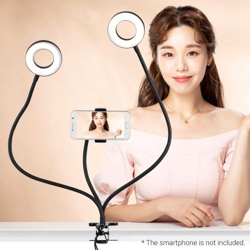 Andoer Clip-On LED Ring Light 3 Lighting Modes, USB Fill-in Lamp Dual Lights Dimmable Flexible Arms Design with Phone Holder for Live Video Chatting Selfie