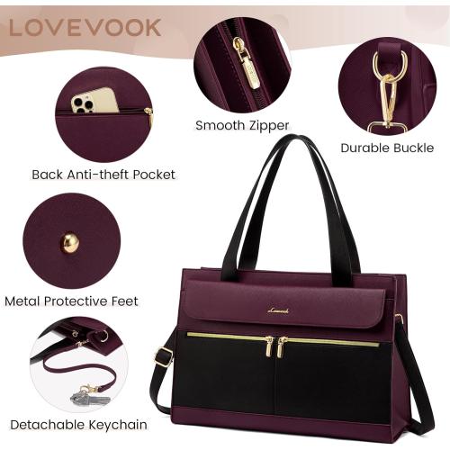 LOVEVOOK Laptop Bag for Women 15.6 Inch Tote Work Professional Leather Computer Briefcase Waterproof Handbag Shoulder Large Capacity Business Teacher Office Crossbody Purse
