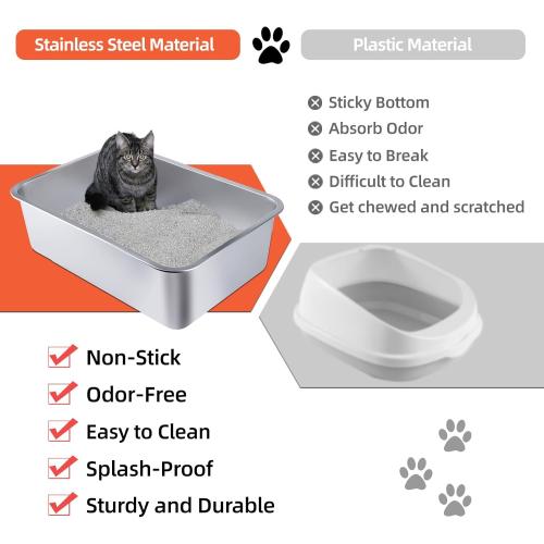 Stainless Steel Cat Litter Box - Large Metal High-Sided Pan for Cats, Pets, Non-Stick, Odor-Free, Easy to Clean, Splash-Proof, Durable (23.6 L x 15.8 W x 6 H)