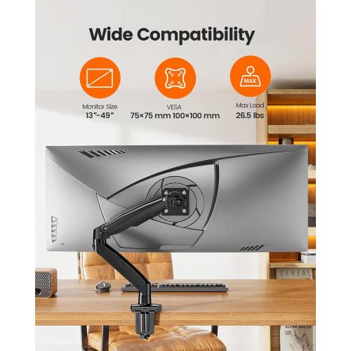 ErGear 13 to 49 inches Single Monitor Mount for Ultrawide Screens,Heavy Duty Single Monitor Arm,Single Monitor Stand with Swivel,Tilt,Rotation for Home and Office,Holds 26.5lbs,VESA 75/100mm