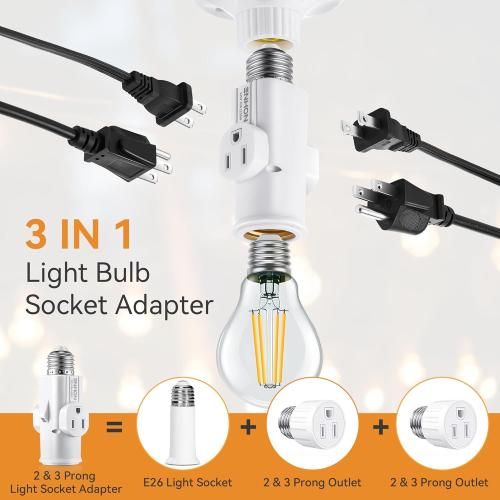 Enhon 2 Pack Light Socket Outlet Adapter, 2/3 Prong Light Socket to Plug Adapter, E26/E27 Heat Resistant Lamp Bulb to 2/3 Prong Plug Outlet Splitter Converter for Garage Porch Indoor Outdoor