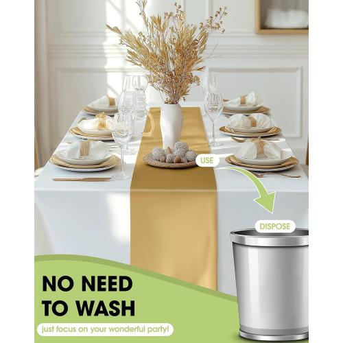 Pureegg Gold Plastic Table Runners - 10 Pack, 14'' x 108'', Water Resistant & Disposable Centerpiece Decorations for Table Cloth, Wedding, Birthday, Holiday, Baby Shower, Party, Home Decor