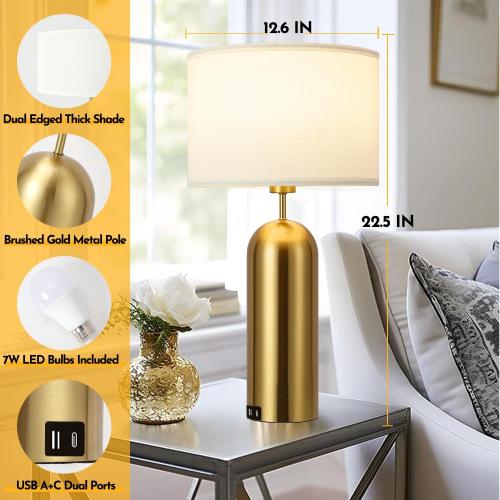 Gold Lamps Set of 2 Touch Control 3-Way Dimmable Bedside Nightstand Lamps Bedroom Lamps Modern White& Gold Table Lamp with USB Type C Ports Tall Lamps for Living Room End Table Home Office