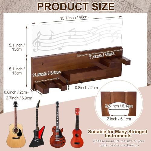 Light up Guitar Stand Wall Mount Wood Hanger Shelf with Pick Holder and 3 Hooks for Acoustic Electric Bass Ukulele Violin Guitar Gifts for Musicians Music Lovers Guitarist (Dark Color)