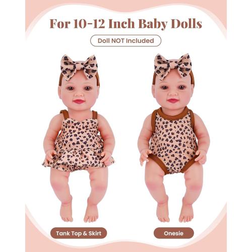 BABESIDE 13Pcs Baby Doll Clothes and Accessories for 10-12 inch Dolls, Baby Doll Feeding and Care Set with Carry Bag, Bottles, Tableware, Baby Doll Outfit for Doll Girl Boy (Leopard Pattern)