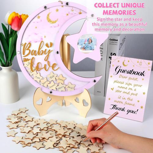 Baby Shower Guest Book Alternatives Moon Guest Book for Baby Shower Guest Book Frame with Star Baby Shower Decorations Guest Book Alternative for Wedding Boys Girls Birthday Party Keepsake(Pink)