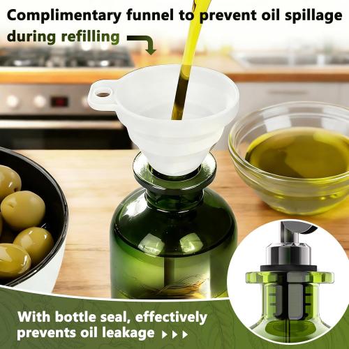COOLMI Oil Dispenser for Kitchen - 12oz/350ml, Set of 2 Extra Thick Food Grade Glass Olive Oil Dispenser Bottle with Cleaning Brush, Stickers and Funnel (Black)
