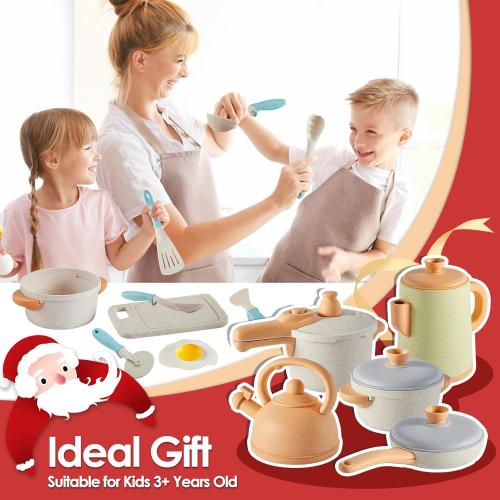BUYGER Kids Play Kitchen Toys Accessories, Pretend Play Cooking Cookware Set Kitchen Pots and Pans Utensils Playset Christmas Gifts for Kids Girls Boys Toddler Ages 3-5  Years Old