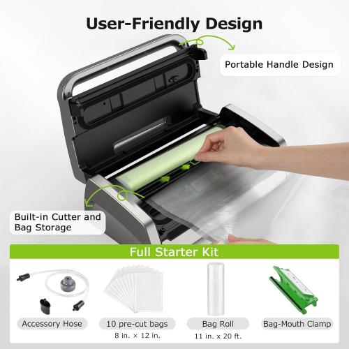 Bonsenkitchen Vacuum Sealer Machine, Globefish Technology for Perfect Vacuum Sealing, Powerful Low-Noise Food Vacuum Sealer with Easy Handle Design, Built-in Cutter & Bag Storage, 1 Bag Roll & 10 Bags