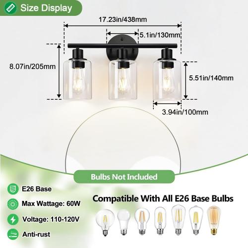 3-Light Bathroom Light Fixtures, 17.23 Black Modern Vanity Lights with Clear Glass Shade, Bathroom Wall Lamp for Mirror Kitchen Living Room Hallway Cabinet Porch