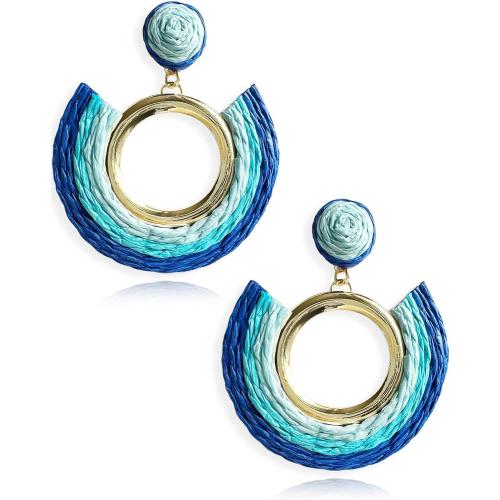 REELMAR Colorful Rattan Dangle Earrings Women Boho Raffia Woven Drop Earrings Statement Handmade Rainbow Earrings Bohemian Summer Beach Jewelry