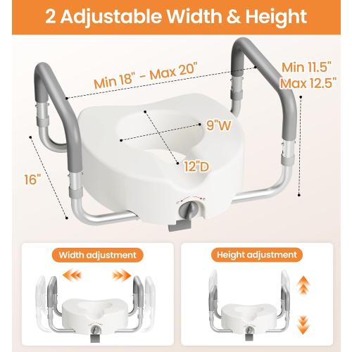 HOMLAND Toilet Seat Risers for Seniors, Adjustable Width & Height, 300 Lbs | Removable Padded Handles, Elevated Raised Toilet Seat for Elderly, Handicap, Fits Most Toilet, Dual-Locking System