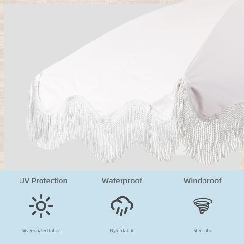 Rayjee 6.5FT Patio Umbrella with Fringe, UV Protection Beach Umbrella with Tilt & Adjustable Height, Includes Carry Bag & Ground Stake, Outdoor Umbrella for Pool, Garden, Backyard