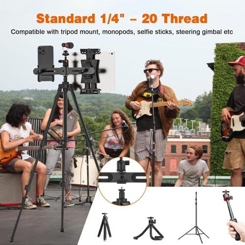 iPad Tripod Mount Adapter with 1/4 Ball Head for LED Ring Light, Microphone, and 2 Clamp Mount for iPad mini, Air, All 4.7-12.9 Lightweight Tablets and Smartphones