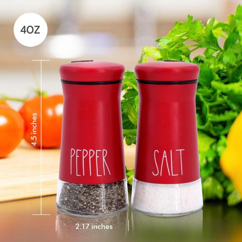 Red Salt and Pepper Shakers with Adjustable Pour Holes, Refillable Salt Shaker by Aelga, Ideal for Himalayan, Kosher, Black and White Pepper, Red Kitchen Accessories