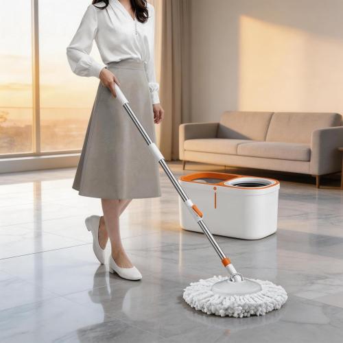 Floor Spin Mop and Bucket Set with Wringer System Extended Stainless Steel Handle 61＂for Home Floor Cleaning