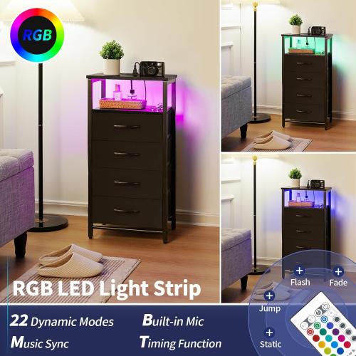 Yoobure Night Stand - Small Dresser for Bedroom, LED Black Nightstand with Charging Station, Bedside Table with 4 Fabric Drawers and Open Shelf, Vertical Dressers with USB Ports and Outlets may have missing accessories