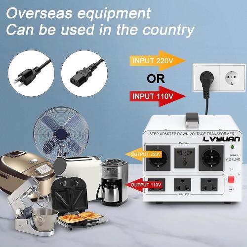 LVYUAN Heavy Duty 3000W Voltage Transformer Converter Step Up/Down Converter 110/120 Volt - 220/240 Volt with 3 US,2 European,1 Universal Outlets and CE Certified,Circuit Break Protection