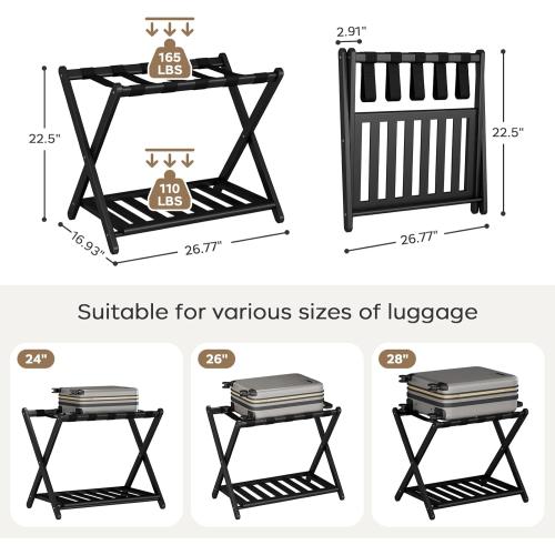 2 Pack Fully Assembled Black Luggage Racks, Bamboo 26.77 Folding Suitcase Stand for Guest Room with 5 Nylon Straps, Heavy Duty, Upgraded Luggage Rack Holder with Shelf for Bedroom Hotel