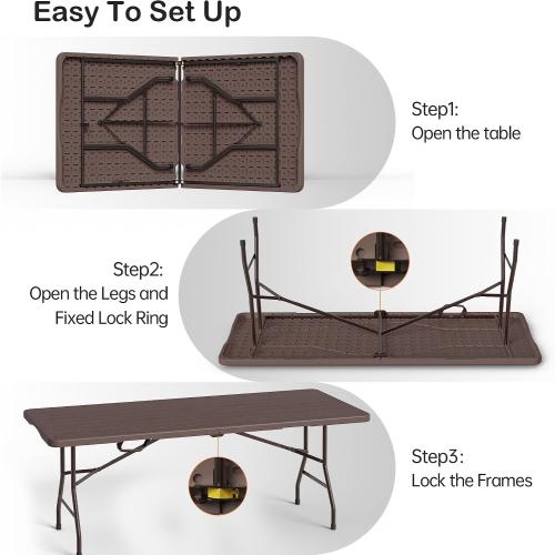 VSOAEIL Folding Table 6 Foot for Indoor Outdoor, Portable Heavy Duty Fold-in-Half Utility Plastic Foldable Dining Table with Carrying Handle for Picnic, Camping and Party, Brown