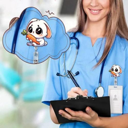 Easter Badge Holder Retractable Happy Bunny Badge Reel with Alligator Clip Funny Rabbit Holding Carrot ID Name Tag Acrylic Badge Reel for Students School Medical Assistant ID Badges Name Tag Card