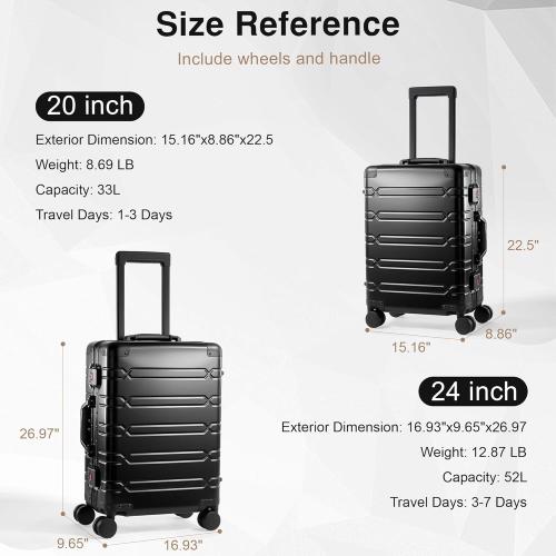 All Aluminum Carry On Luggage 22x14x9 Airline Approved，Zipperless Luggage Premium Aluminum Suitcase Luggage, Hard Shell Carry On Luggage with Spinner Wheels (black, 20inch)