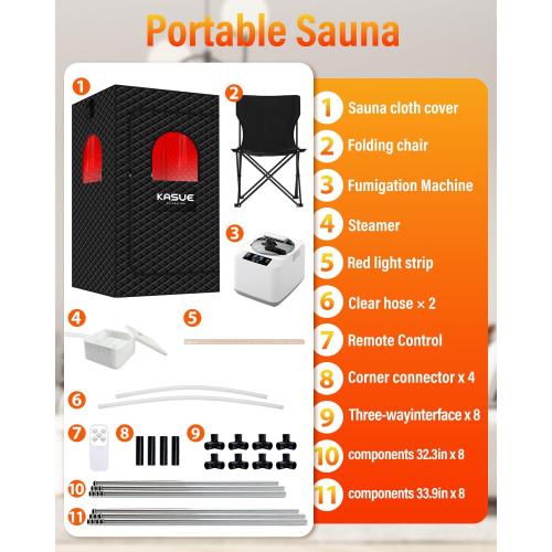 KASUE Portable Steam Sauna Tent for Home, Infrared Sauna with 3L Steamer, 9 Temp Levels & 99 Min Timer, 5-Layer Waterproof Insulated, Folding Chair Included, Indoor Spa (Light Black)