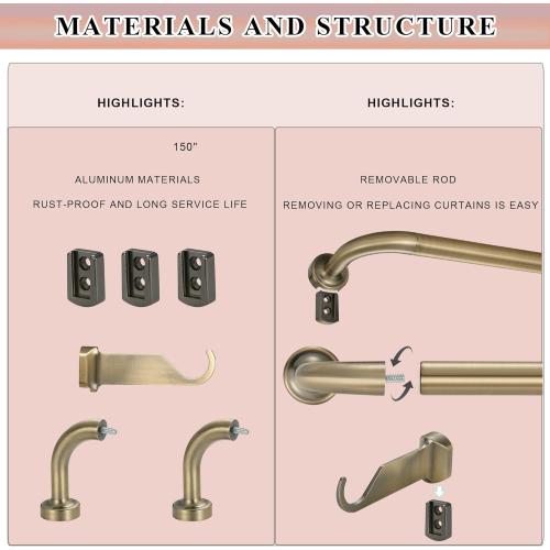 Antique Bronze Curtain Rods for Windows 48-88,1 Inch Disc Wrap Around Curtain Rod with Aluminum Finials and Brackets,No Screw Disassembly Adjustable Blackout Curved Room Darkening Curtain Rod