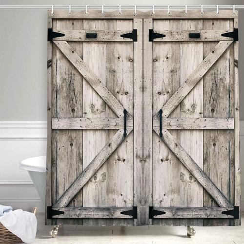 NYMB Rustic Wooden Vintage Wood Shower Curtain, Farmhouse Country Barn Door Shower with 12 Hooks, Waterproof Garage Cabin Curtain, 48X70
