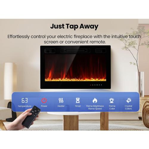 Electric Fireplace Insert 36 Realsmart 1500W Wall Mounted Fireplaces Recessed Heaters Remote Control Slim Black Fireplace Touch Screen Timer 12 Flame Colors LED Decor Low Noise
