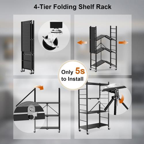 Size 4 tier Color Black  Storage Shelves with 20 Hooks, 4-Tier Foldable Shelves for Storage, Folding Shelf Unit Pantry Shelves with Wheels, Metal Shelving Storage Rack Shelf for Kitchen Garage Home, Black - No Assembly
