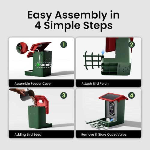 ‼️may be some missing pieces or mild stains ‼️Smart Bird Feeder with Camera Solar Powered, 2K HD Video, AI Bird Species Identification, Instant Arrival Alerts, Weatherproof Design for Effortless Birdwatching, Best Gift for BirdLovers, Red