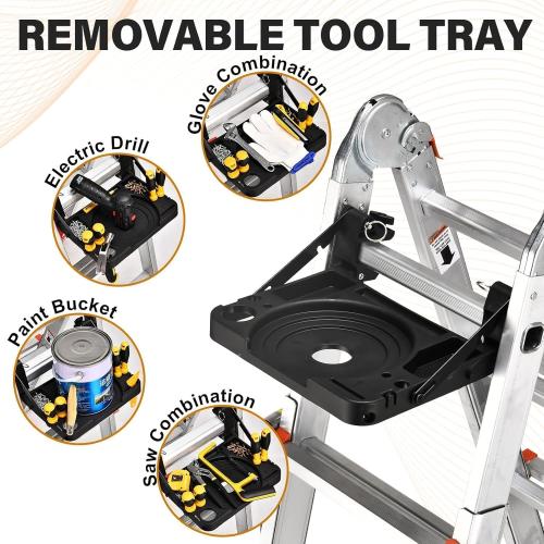 Size 19ft color orange HBTower A Frame 5 Step Extension Ladder, 19 Ft Multi Position Ladder with Removable Tool Tray and Stabilizer Bar, 330 lbs Capacity Telescoping La dder for Household and Outdoor Work (Orange, 19FT)
