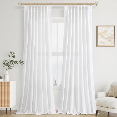 White Pinch Pleated Linen Curtains 96 Inches Long 2 Panels for Living Room Bedroom Cotton Light Filtering Semi Sheer 96 Inch Curtains Ceiling Floor Off White Pinch Pleat Drape with Hooks for Track