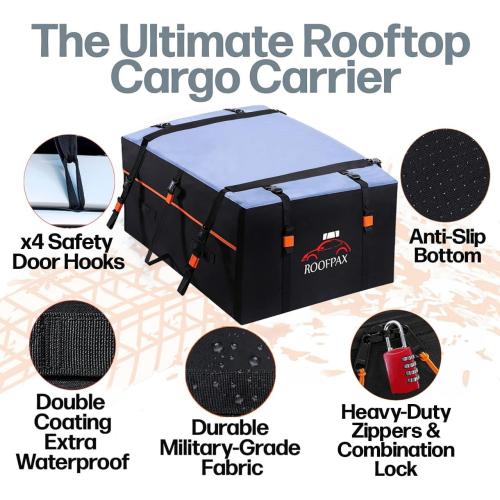 RoofPax XXL 28 cuft Car Rooftop Cargo Carrier Bag Extra Waterproof Car Roof Storage with 10 Heavy Duty Tie Down Straps and 4 Hooks Roof Bag Cargo Carrier for Top of Vehicle with/Without Rack