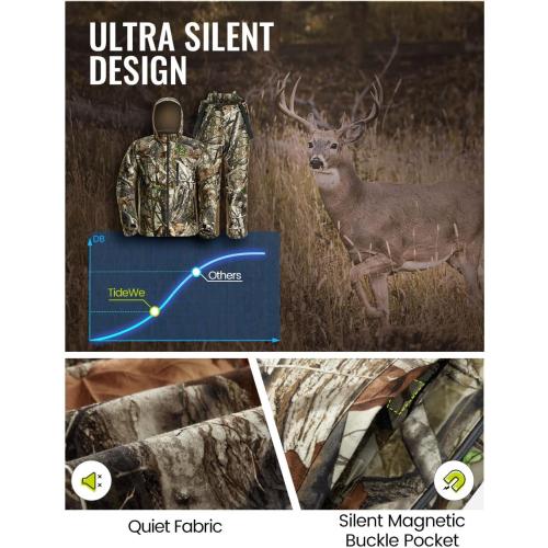 TIDEWE Hunting Clothes for Men with Face Mask, Silent Waterproof Hunting Jacket and Adjustable Bibs, Safety Strap Compatible