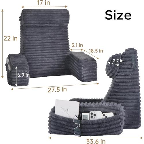 ENITYA 22 XL Back Pillow for Bed Sitting Up, Reading Pillow with Armrests & Big Pockets, Soft Back Support Chair, Ideal for Watching TV, Gaming, Nursing, Resting, Post Surgery, Dark Grey