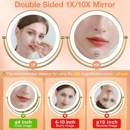 9 Wall Mounted LED Makeup Mirror, 1X/10X Magnifying Mirror Corded, Gold | Large Size, Plug-in, Not Battery Operated, 2-Sided Vanity Mirror, Extended Arm, 3 Color Lights, 360° Swivel, Touch Dimmable