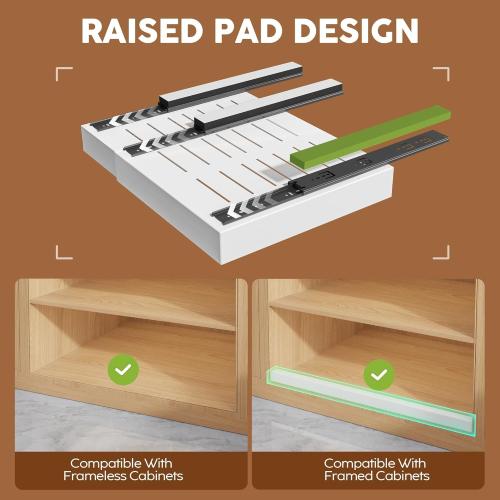 2Pack Expandable Pull Out Cabinet Organizer 21Deep With Raising Pad for Framed Cabinets, Upgrade 3 Slide Rails Slide Out Drawers, Roll Out Shelves Adhesive,Adjustable Width 12.05-20.4White