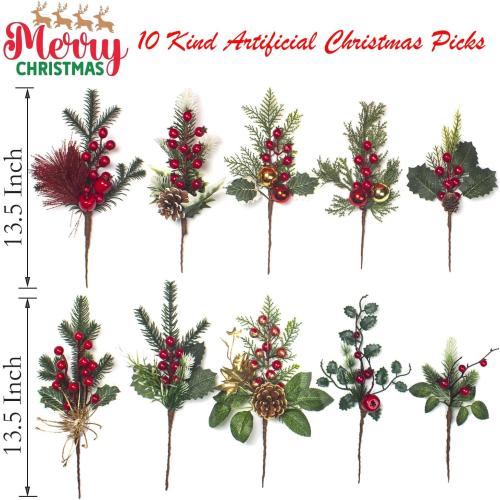 10 Pcs Artificial Pine Picks Christmas Pine Picks Pine Needles Branches with Red Berry Pinecones Berry Branches Fake Berries for Flower Arrangements Wreaths Holiday Xmas Tree Decoration